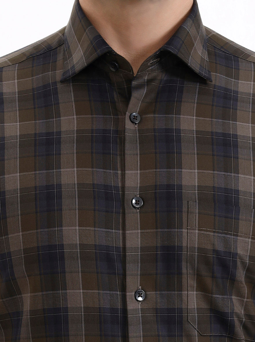 Olive Blue Checked Slim Fit Formal Shirt | Metal