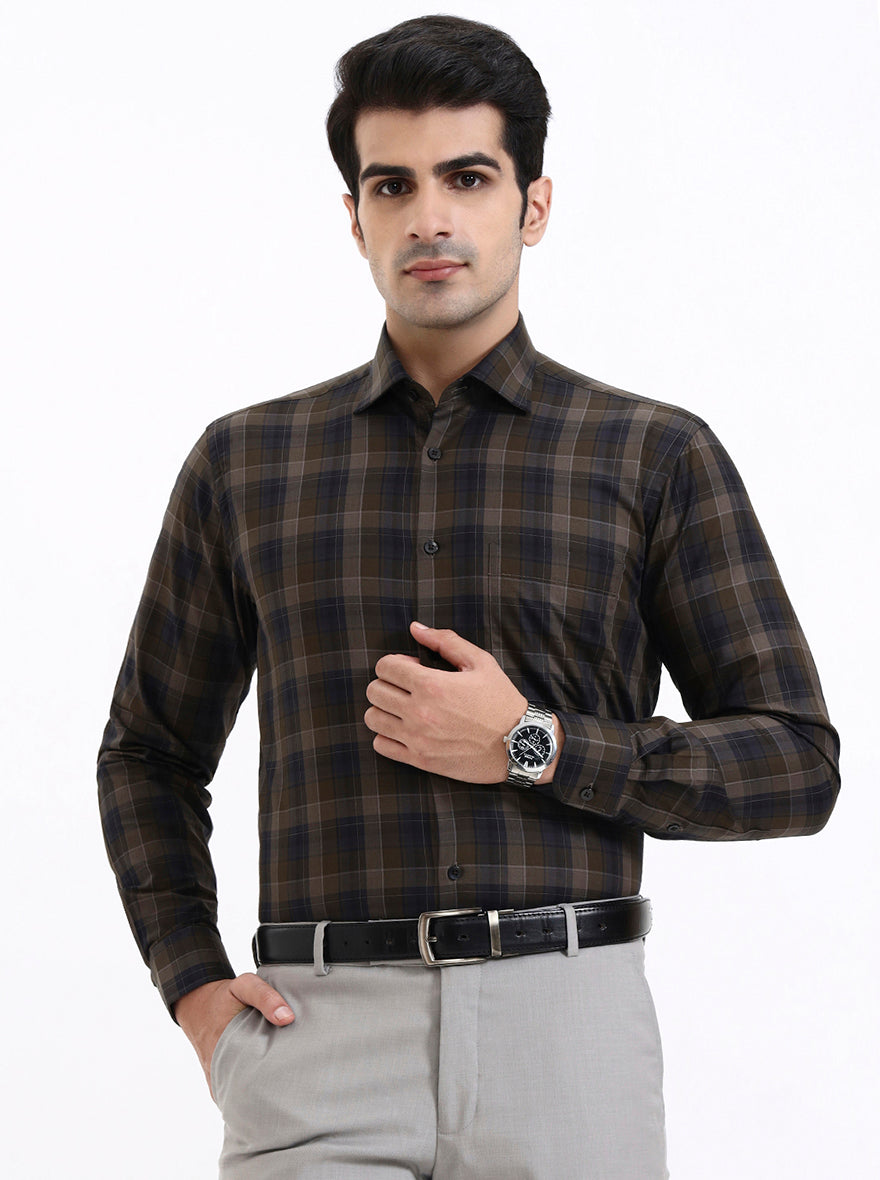 Olive Blue Checked Slim Fit Formal Shirt | Metal