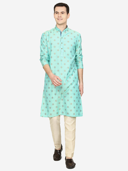 Light Blue Texture Printed Silk Blend Kurta | The Kurta Company