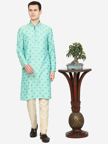 Light Blue Texture Printed Silk Blend Kurta | The Kurta Company