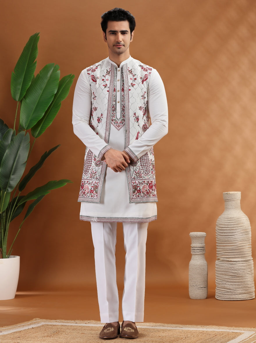 Cream Embroidered Kurta Pajama with Koti | TULA
