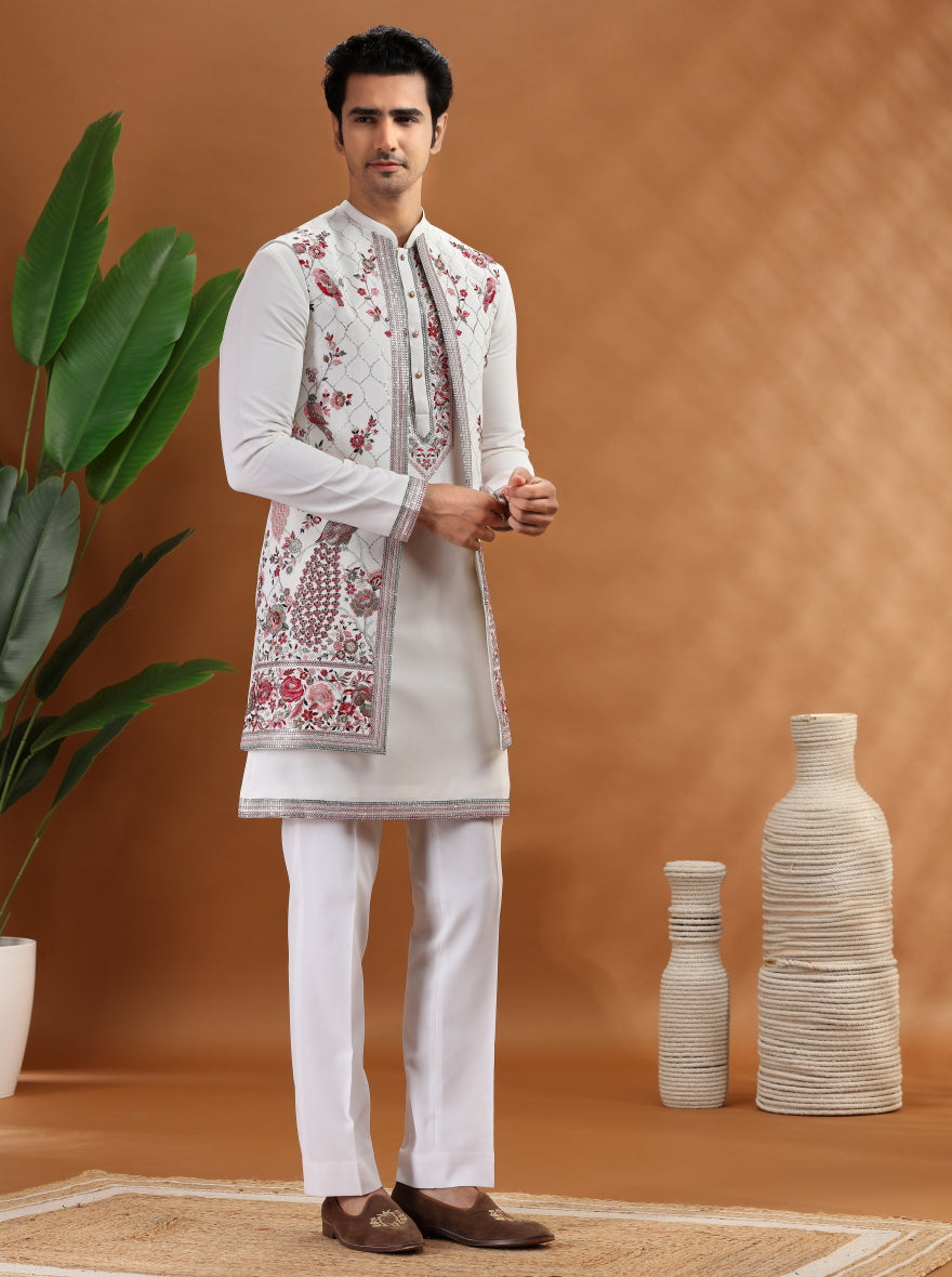 Cream Embroidered Kurta Pajama with Koti | TULA