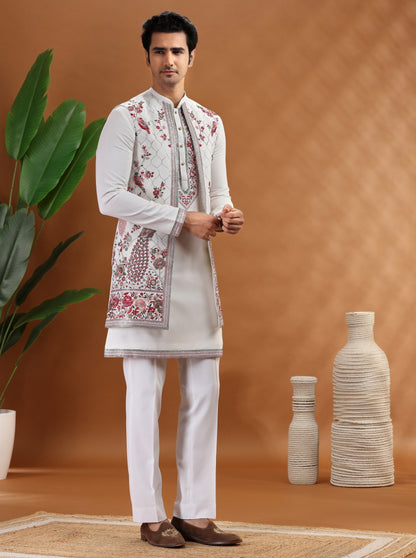 Cream Embroidered Kurta Pajama with Koti | TULA