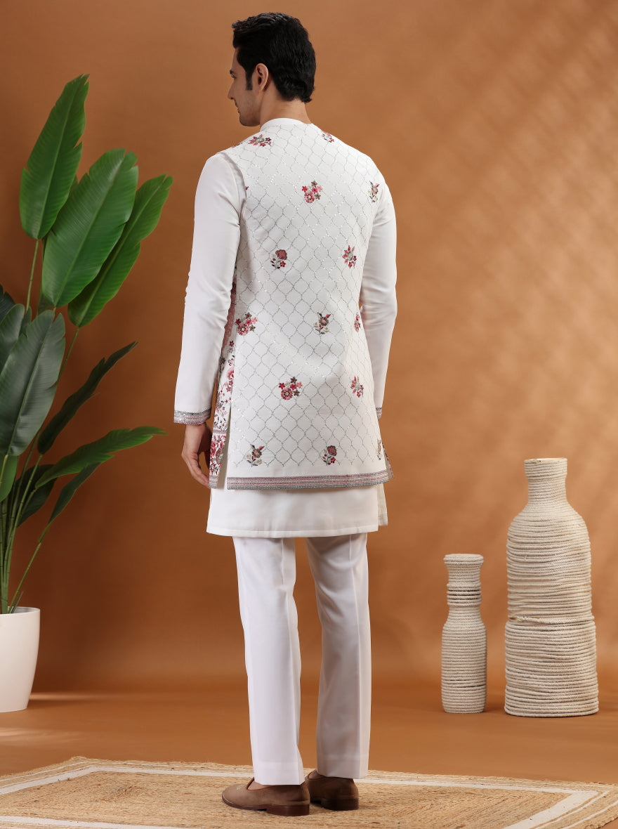 Cream Embroidered Kurta Pajama with Koti | TULA