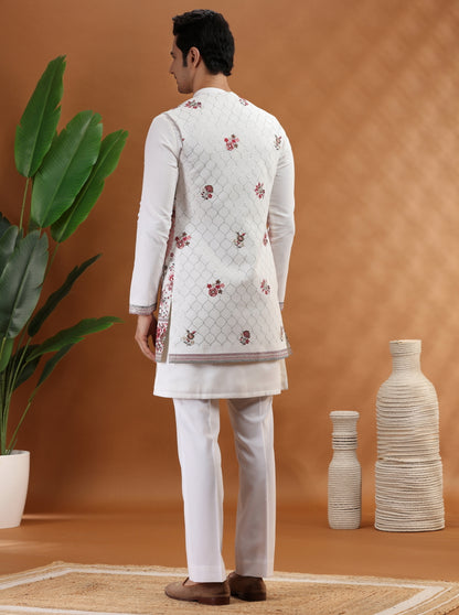 Cream Embroidered Kurta Pajama with Koti | TULA