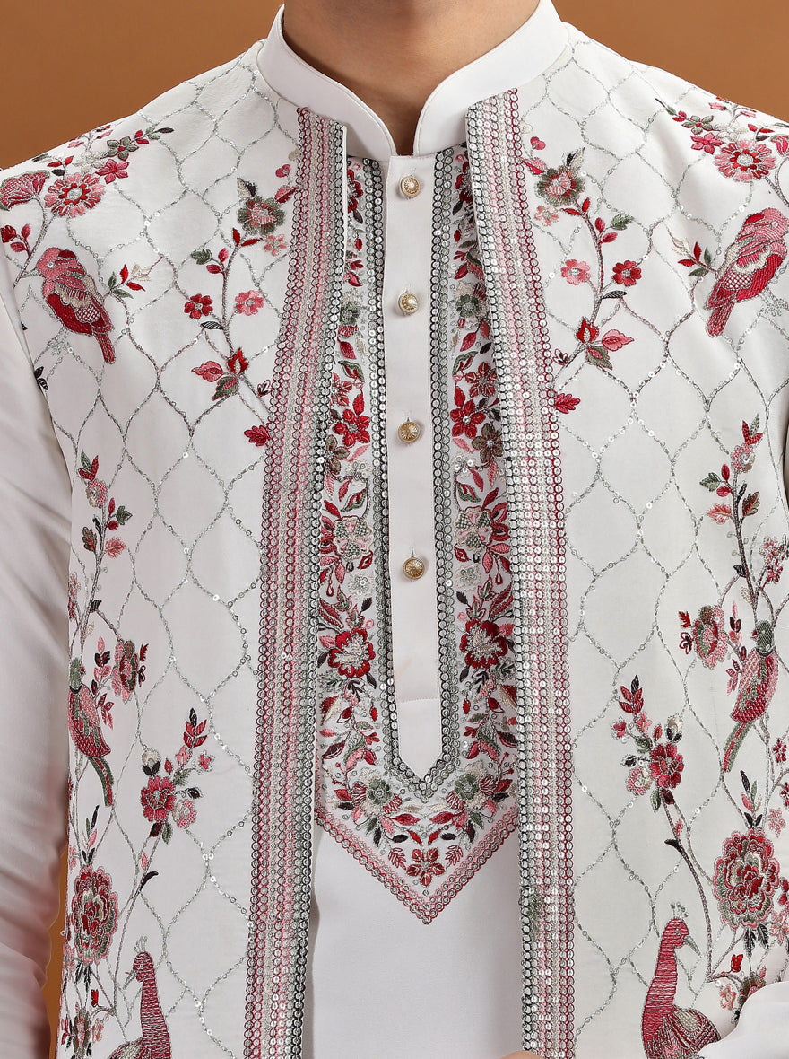 Cream Embroidered Kurta Pajama with Koti | TULA