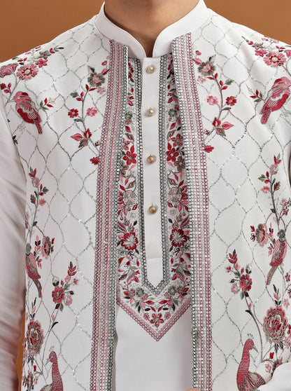 Cream Embroidered Kurta Pajama with Koti | TULA
