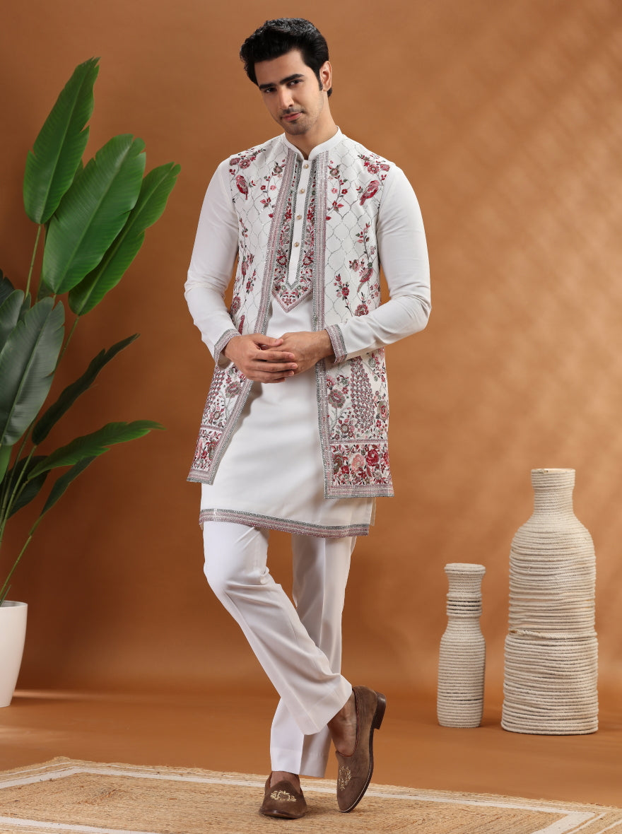 Cream Embroidered Kurta Pajama with Koti | TULA