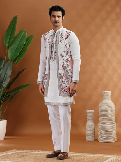 Cream Embroidered Kurta Pajama with Koti | TULA