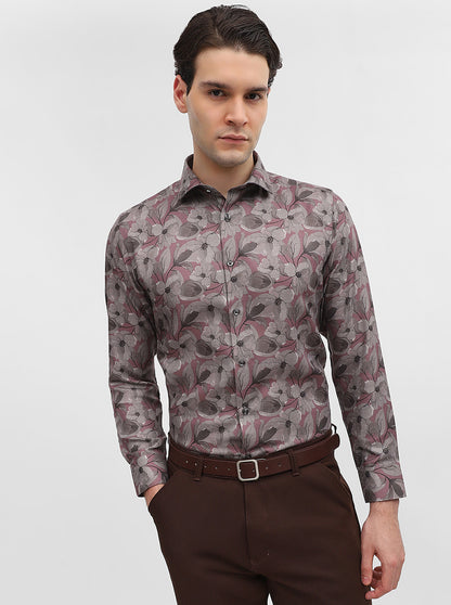Pink & Grey Printed Slim Fit Party Wear Shirt | Greenfibre