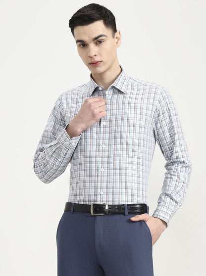 Light Blue & Maroon Checked Regular Fit Formal Shirt | JadeBlue