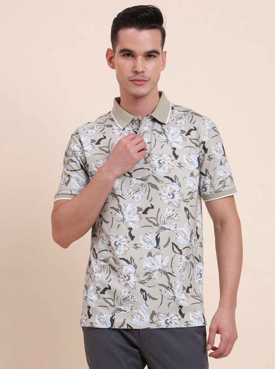 Sage Green Printed Slim Fit Polo T-Shirt | Greenfibre