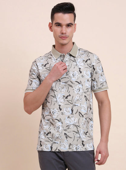 Sage Green Printed Slim Fit Polo T-Shirt | Greenfibre