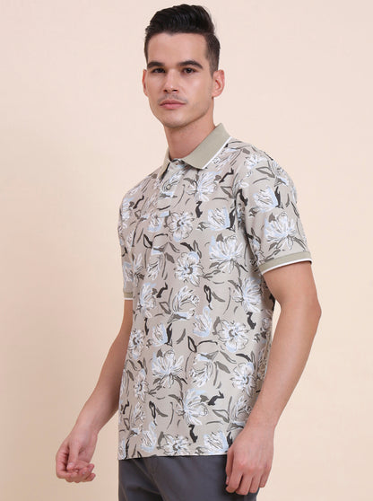 Sage Green Printed Slim Fit Polo T-Shirt | Greenfibre