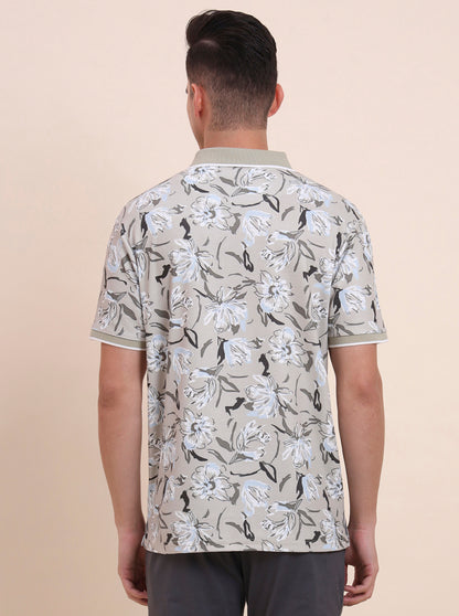 Sage Green Printed Slim Fit Polo T-Shirt | Greenfibre