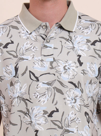 Sage Green Printed Slim Fit Polo T-Shirt | Greenfibre