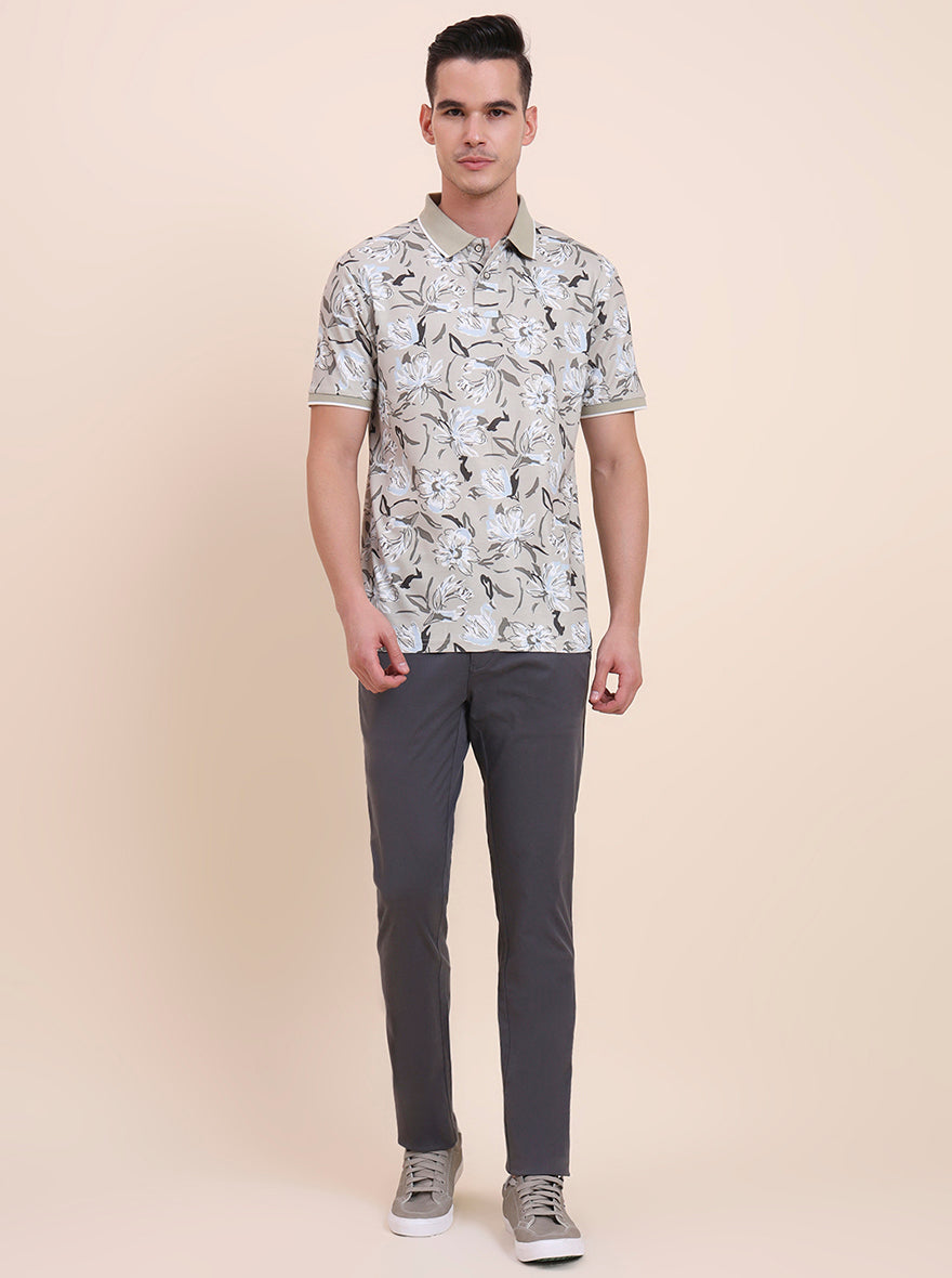 Sage Green Printed Slim Fit Polo T-Shirt | Greenfibre