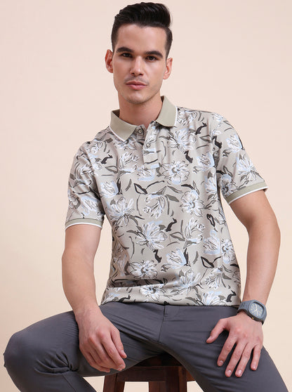 Sage Green Printed Slim Fit Polo T-Shirt | Greenfibre