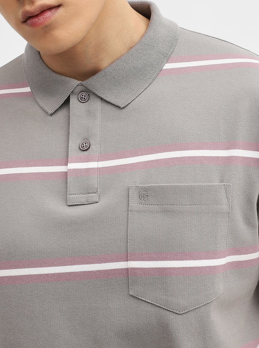 Light Grey & Pink Striped Slim Fit Polo T-Shirt | Greenfibre