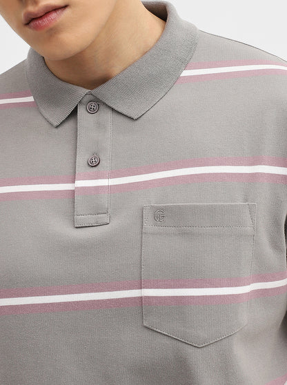 Light Grey & Pink Striped Slim Fit Polo T-Shirt | Greenfibre