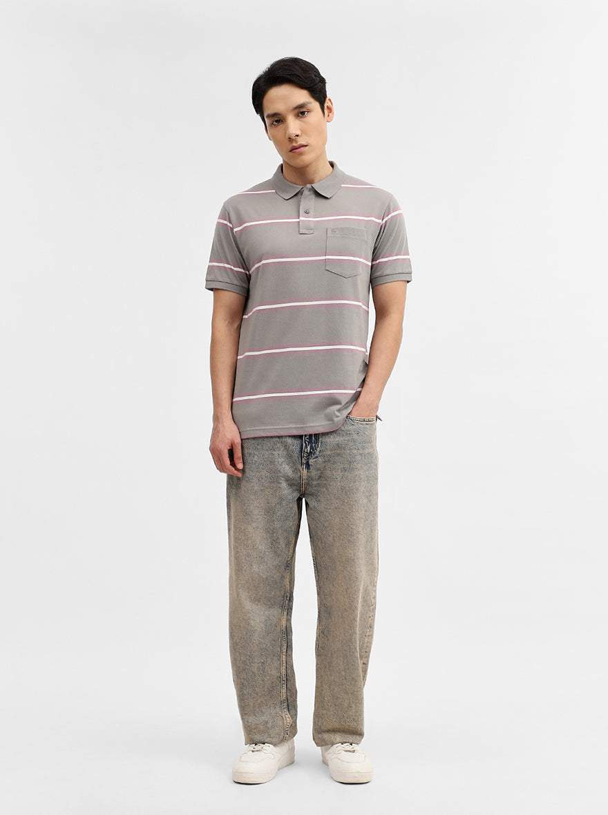 Light Grey & Pink Striped Slim Fit Polo T-Shirt | Greenfibre