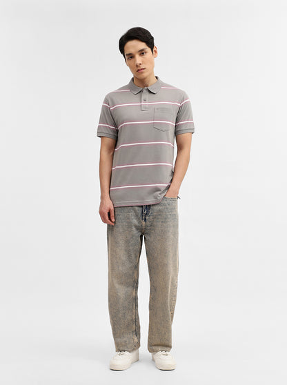 Light Grey & Pink Striped Slim Fit Polo T-Shirt | Greenfibre