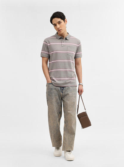 Light Grey & Pink Striped Slim Fit Polo T-Shirt | Greenfibre