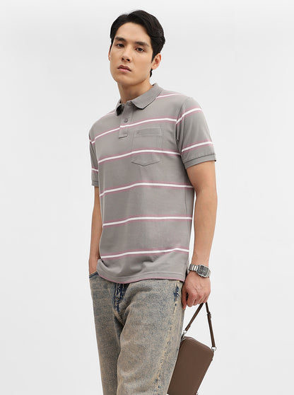 Light Grey & Pink Striped Slim Fit Polo T-Shirt | Greenfibre
