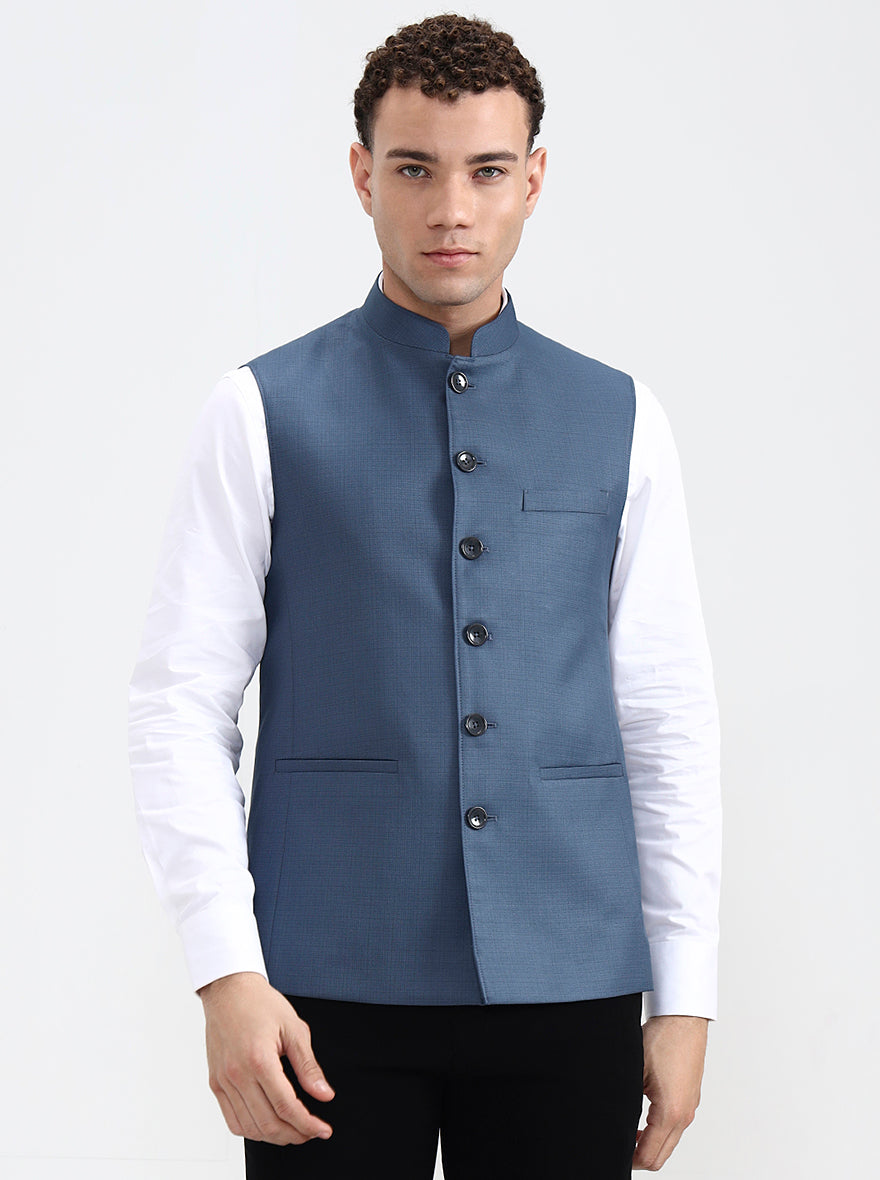 Blue Solid Regular Fit Modi Jacket | JadeBlue