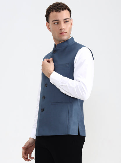 Blue Solid Regular Fit Modi Jacket | JadeBlue