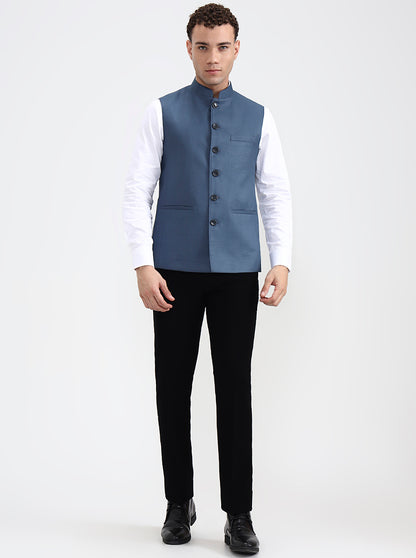 Blue Solid Regular Fit Modi Jacket | JadeBlue