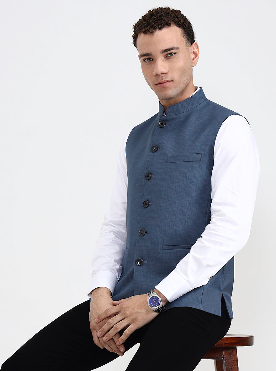 Blue Solid Regular Fit Modi Jacket | JadeBlue