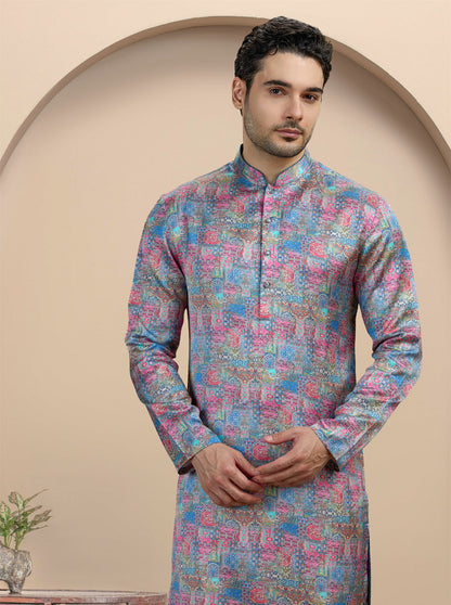 Pink & Blue Printed Kurta Pajama | TULA
