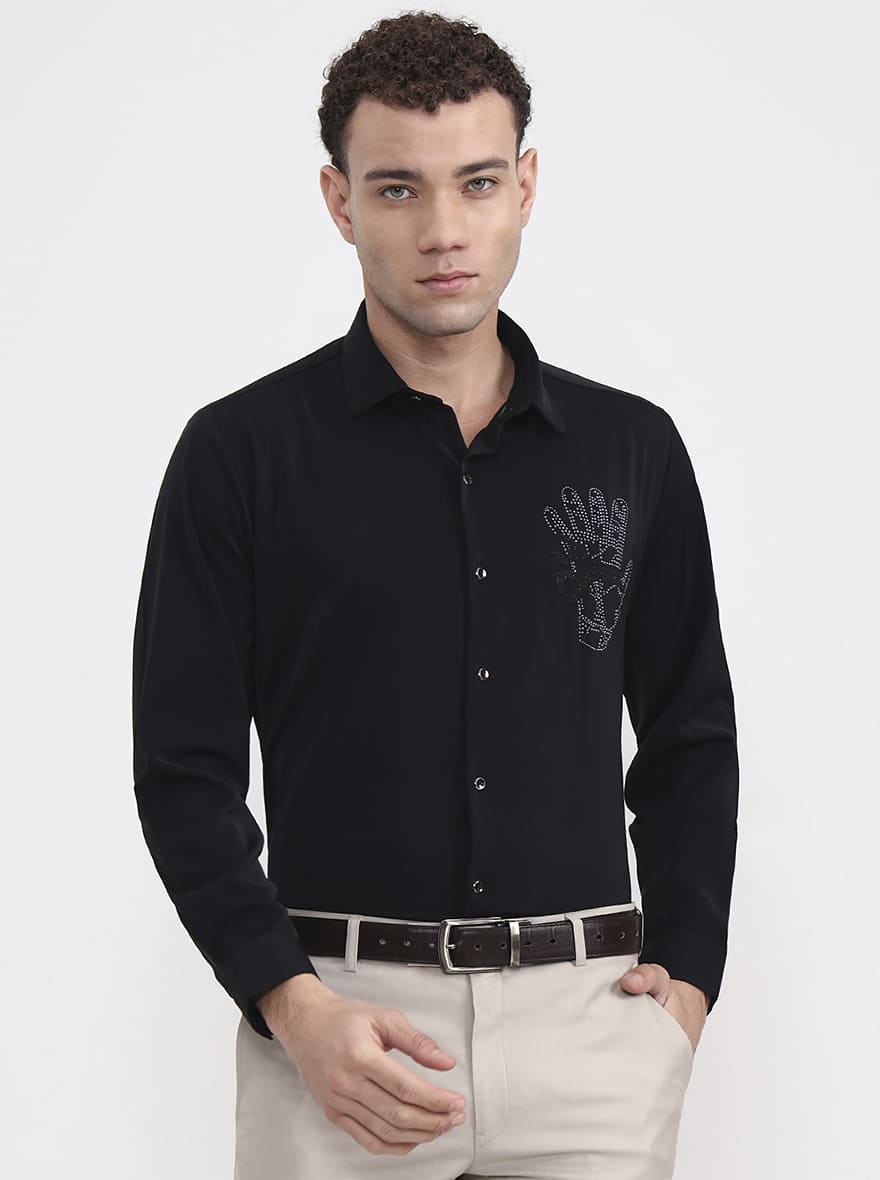 Black Printed Slim Fit Party Wear Shirt | Wyre