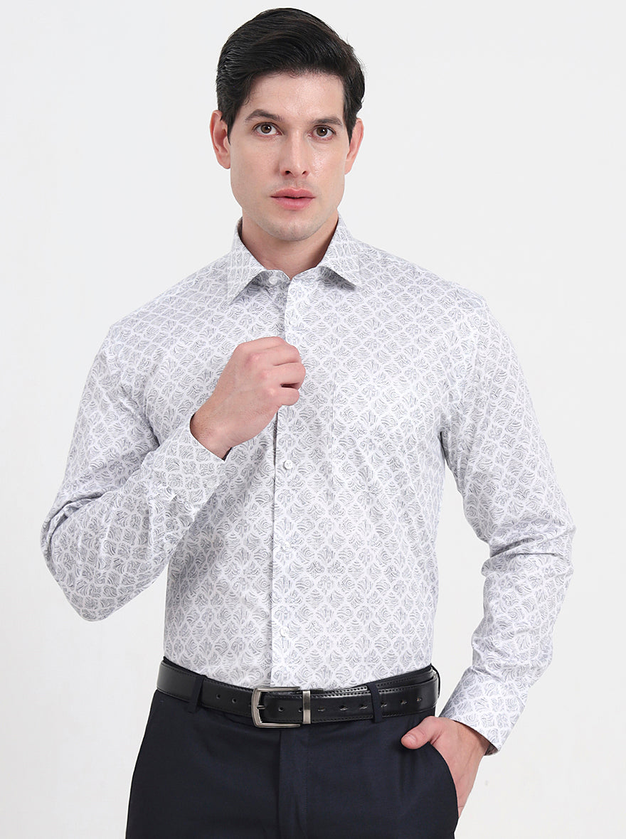 Off-White & Grey Printed Regular Fit Formal Shirt | JadeBlue