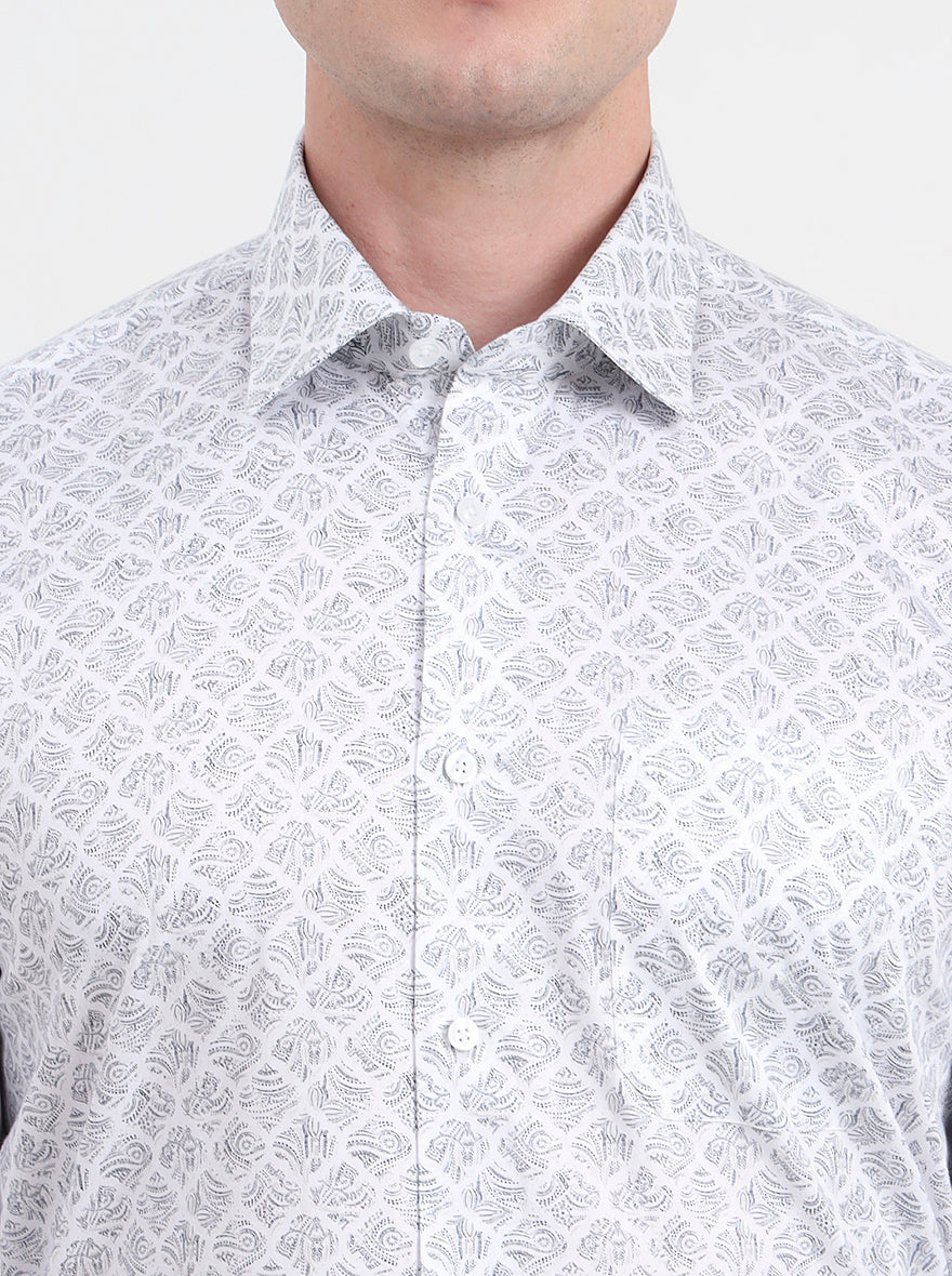 Off-White & Grey Printed Regular Fit Formal Shirt | JadeBlue