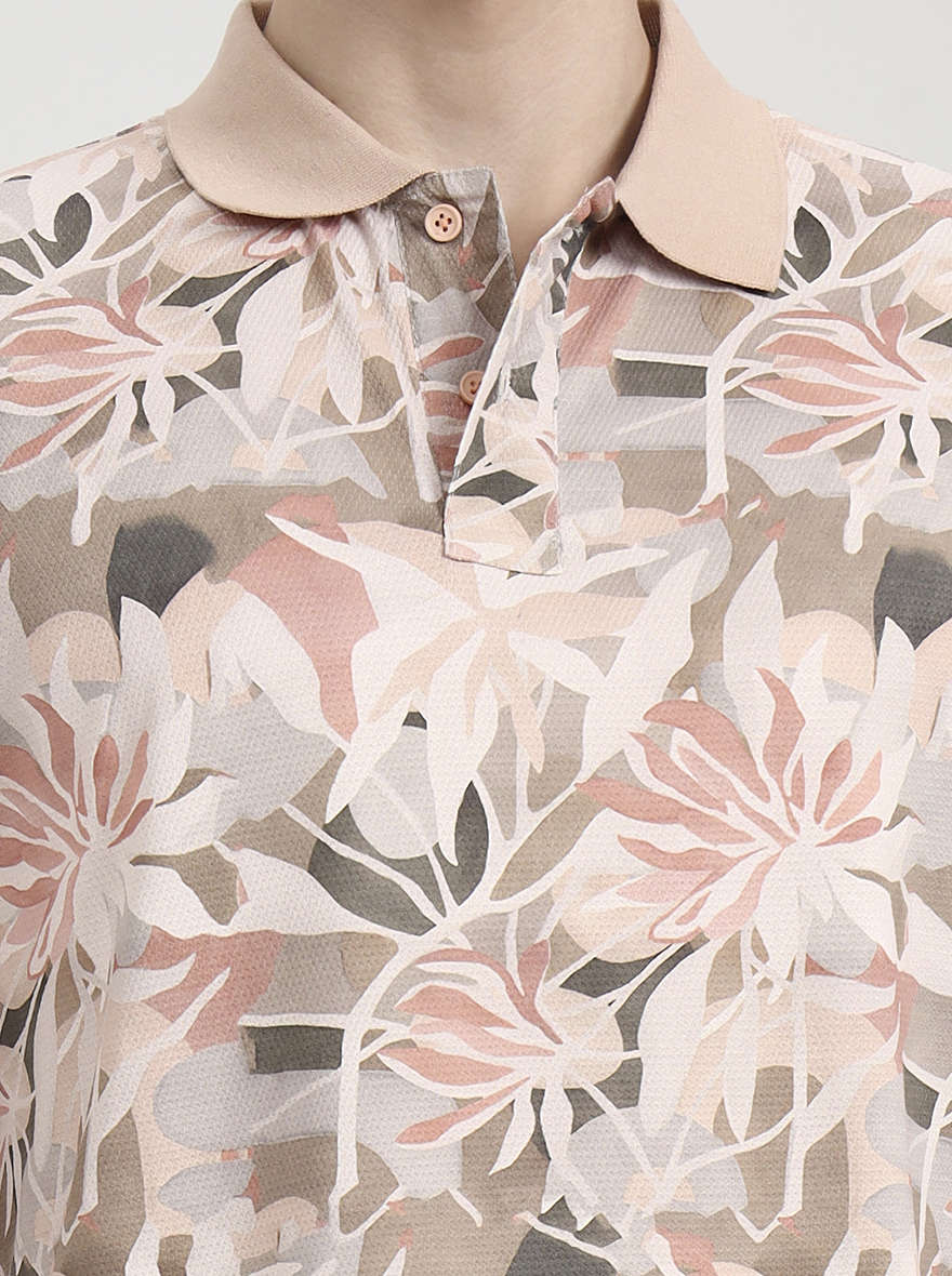 Peach Printed Slim Fit Polo T-Shirt | Greenfibre
