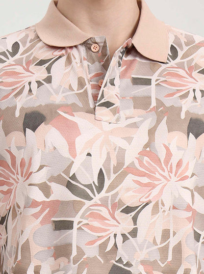 Peach Printed Slim Fit Polo T-Shirt | Greenfibre