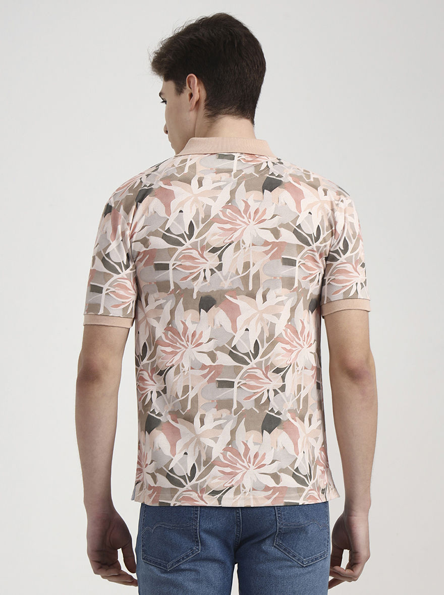 Peach Printed Slim Fit Polo T-Shirt | Greenfibre
