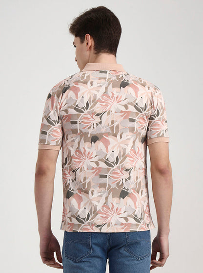 Peach Printed Slim Fit Polo T-Shirt | Greenfibre