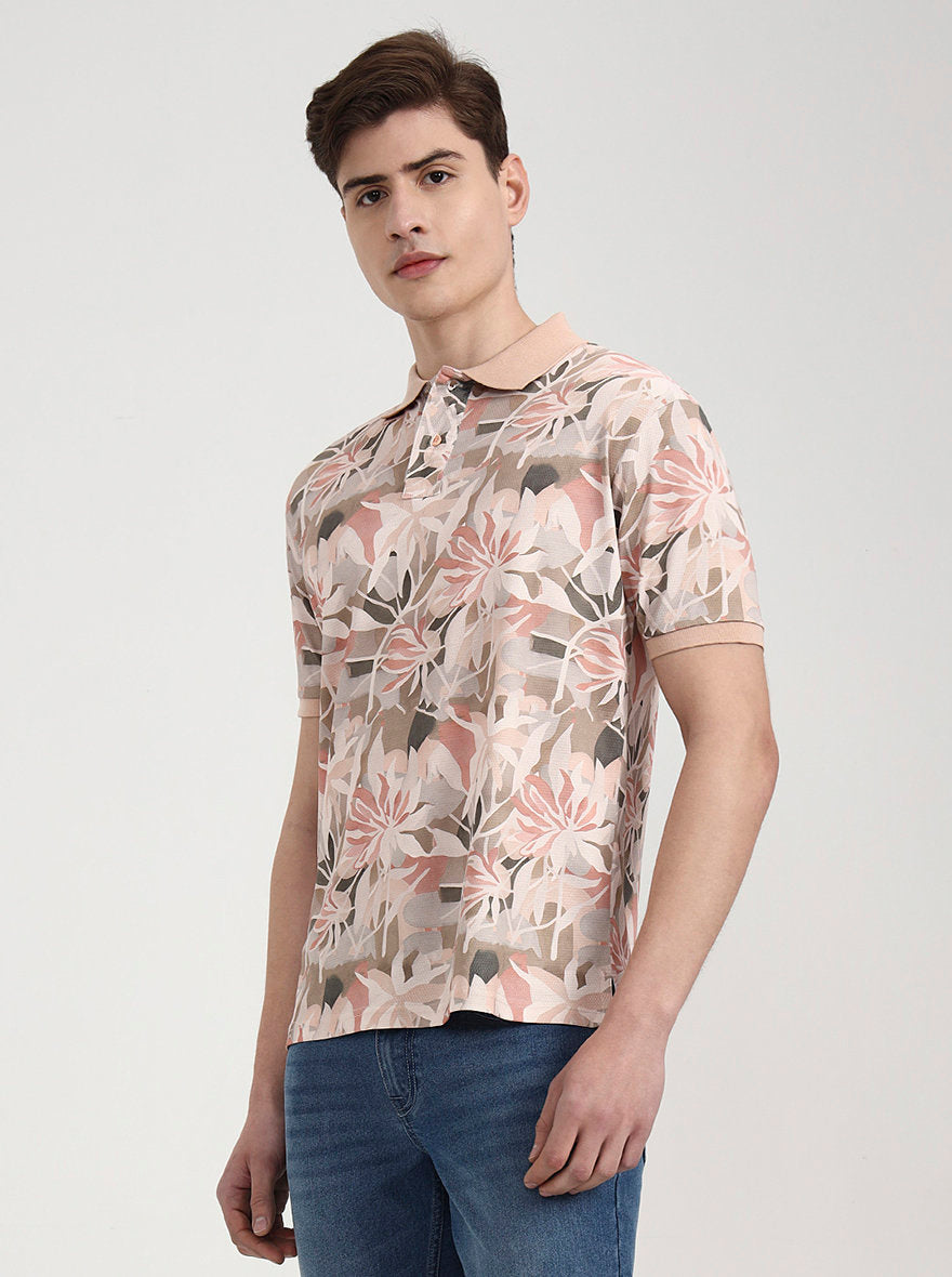 Peach Printed Slim Fit Polo T-Shirt | Greenfibre