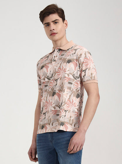 Peach Printed Slim Fit Polo T-Shirt | Greenfibre