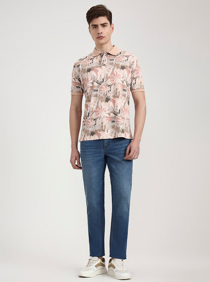 Peach Printed Slim Fit Polo T-Shirt | Greenfibre