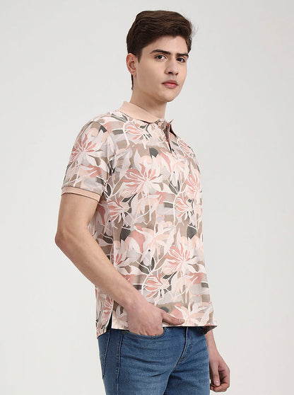 Peach Printed Slim Fit Polo T-Shirt | Greenfibre