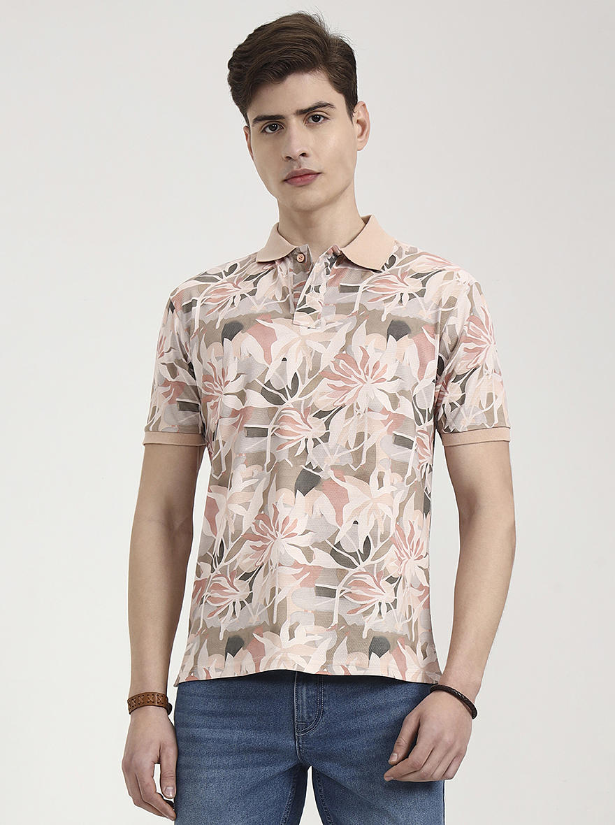 Peach Printed Slim Fit Polo T-Shirt | Greenfibre