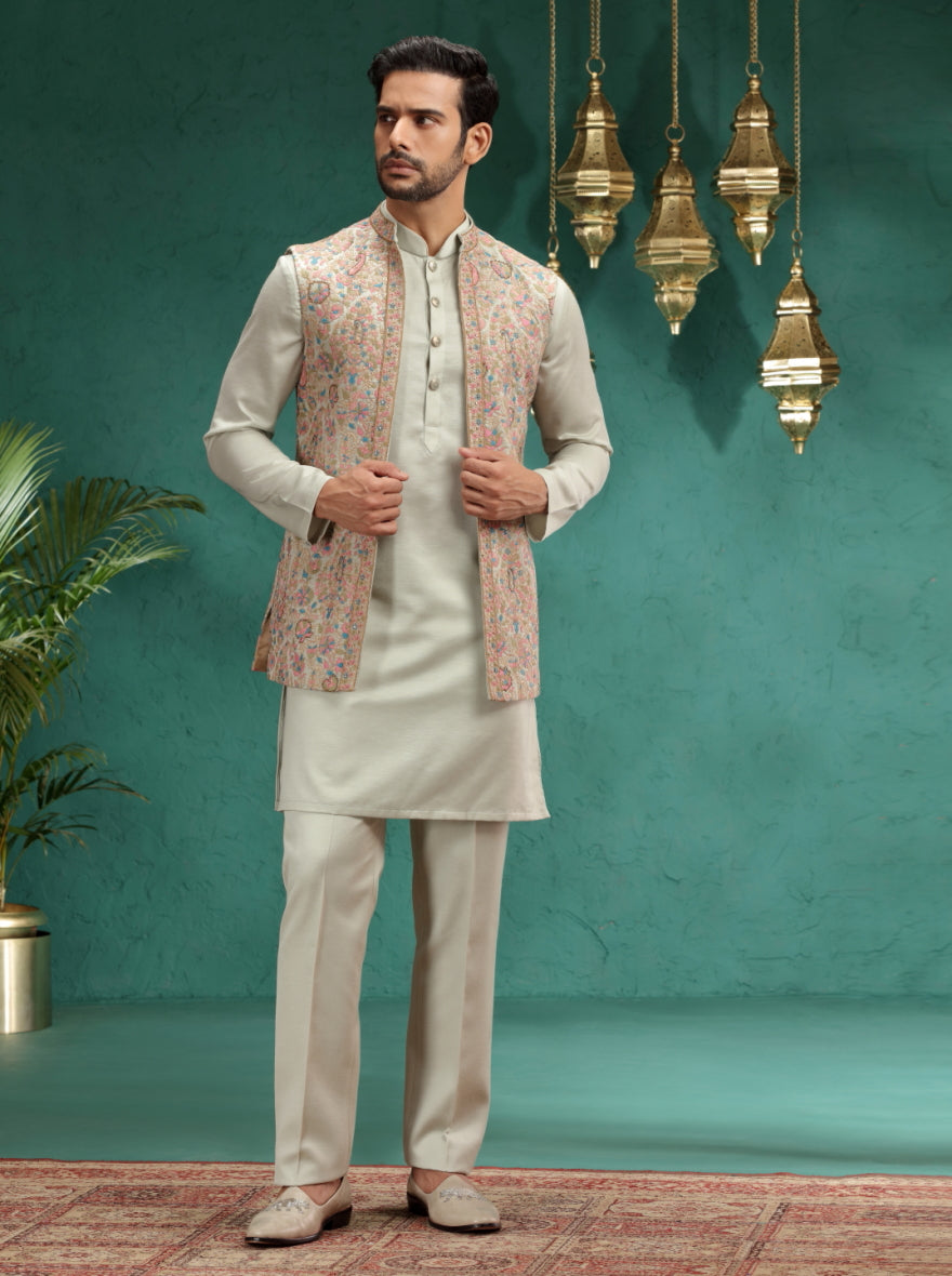 Pista Green Embroidred Kurta Pajama with Koti | Virasana