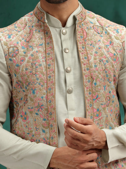 Pista Green Embroidred Kurta Pajama with Koti | Virasana