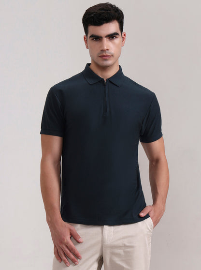 Teal Blue Striped Slim Fit Polo T-Shirt | Greenfibre