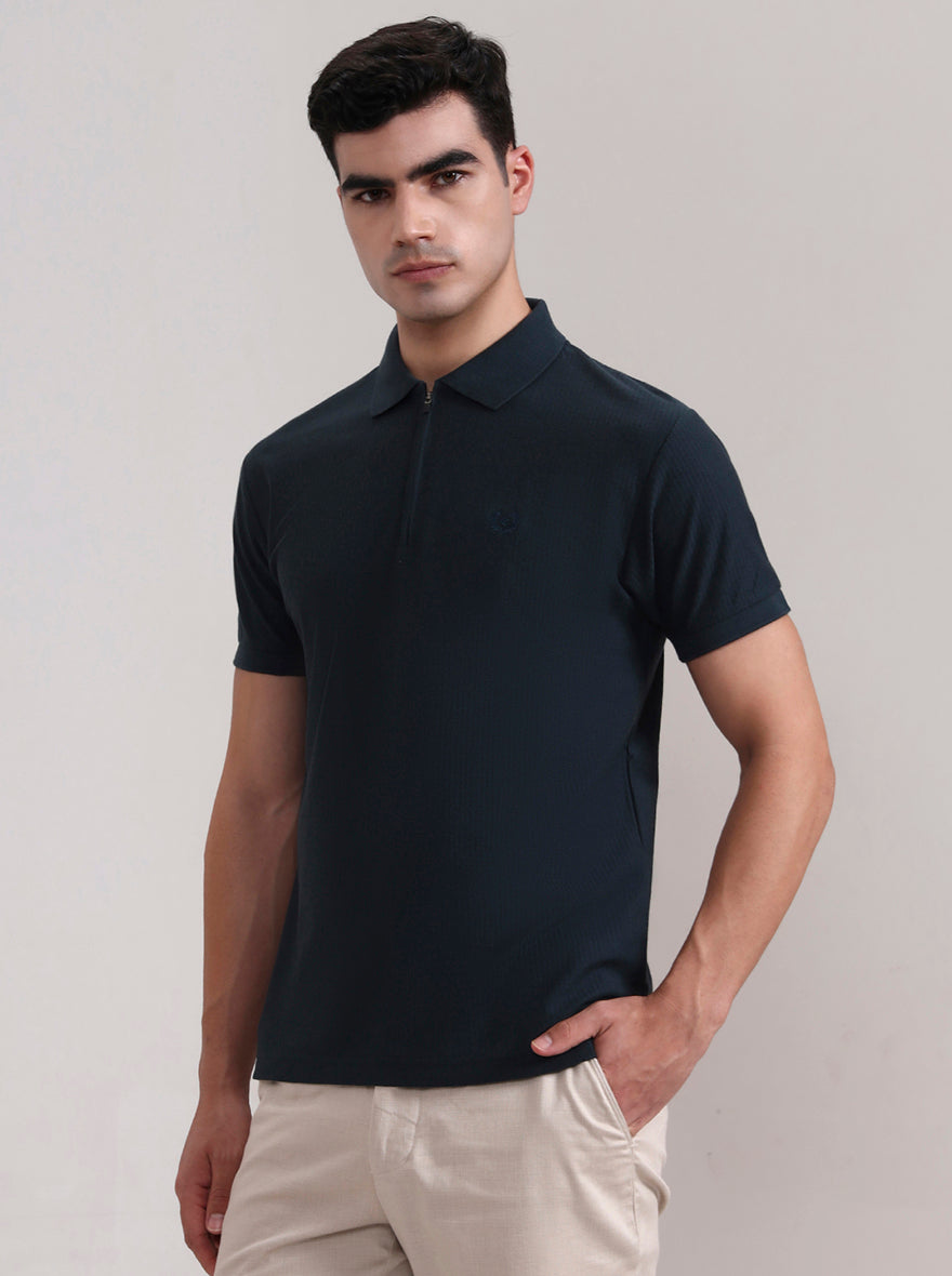 Teal Blue Striped Slim Fit Polo T-Shirt | Greenfibre