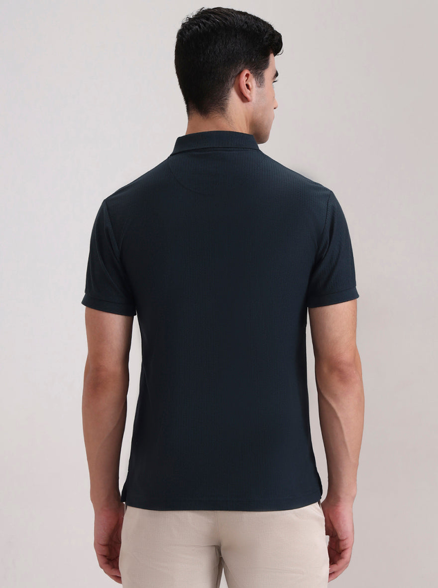 Teal Blue Striped Slim Fit Polo T-Shirt | Greenfibre